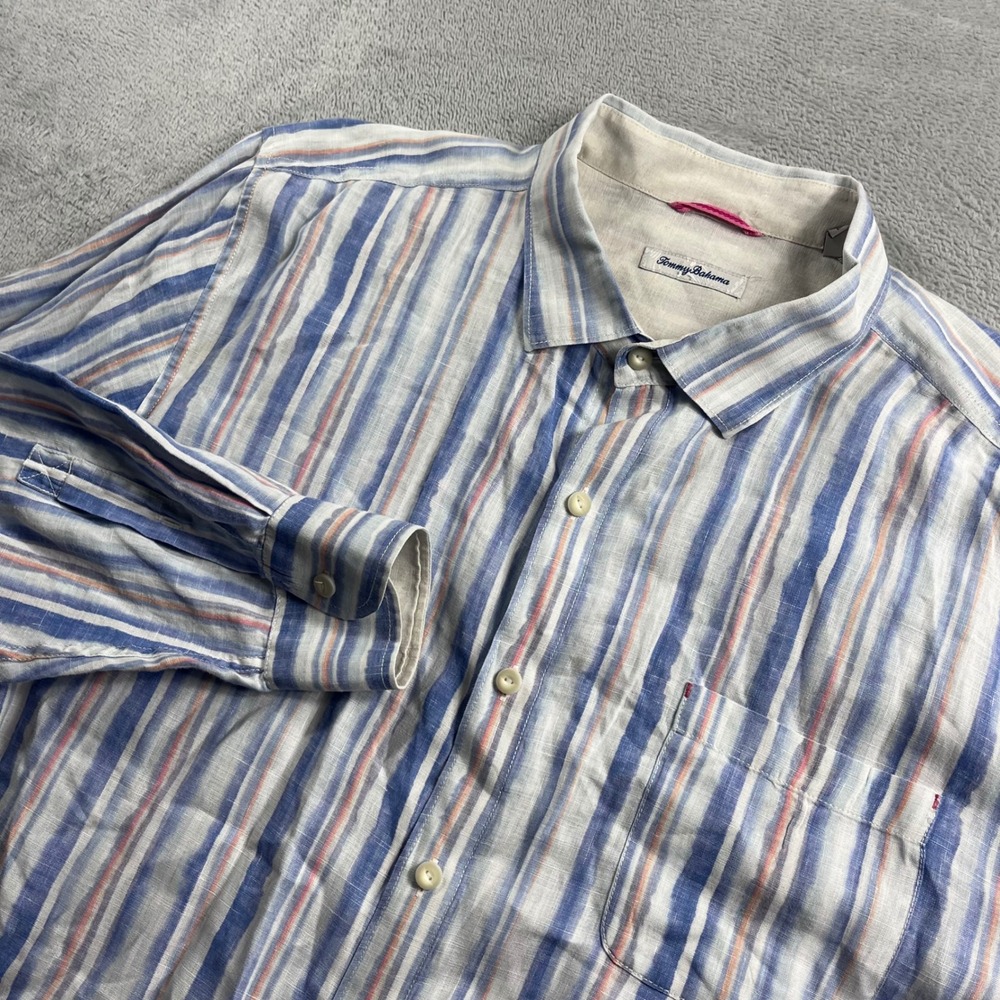 Tommy Bahama Mens XXXL Blue Striped 100% Linen Long Sleeve Button Front Shirt